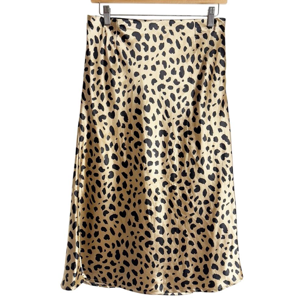 Kourt Gold Black Cheetah Animal Print Satin A-Line Slip Midi Skirt Size Small
